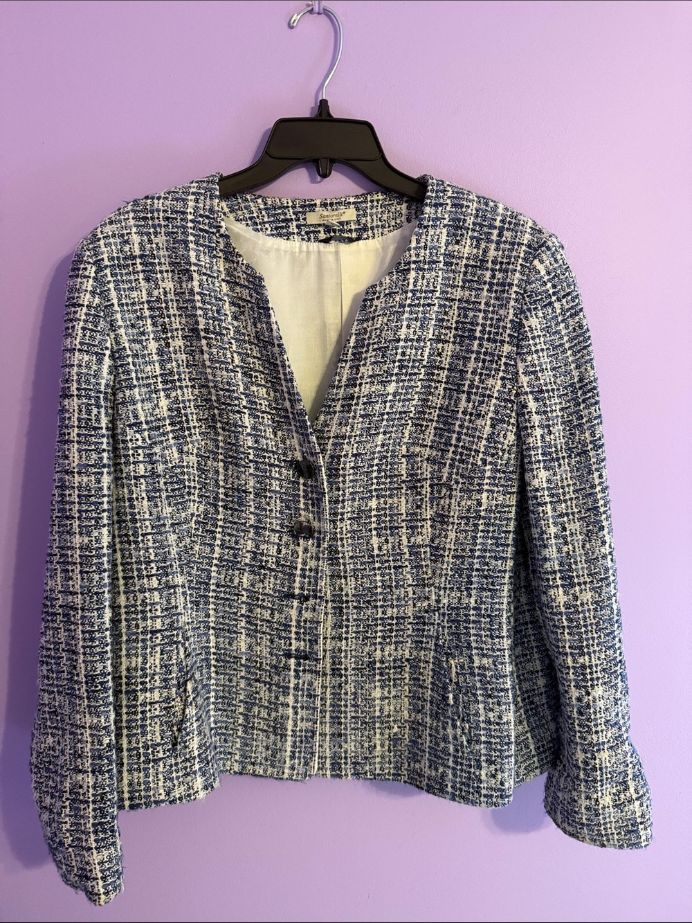 Santorelli Women’s Navy & White Tweed Jacket - Classic Collarless Blazer